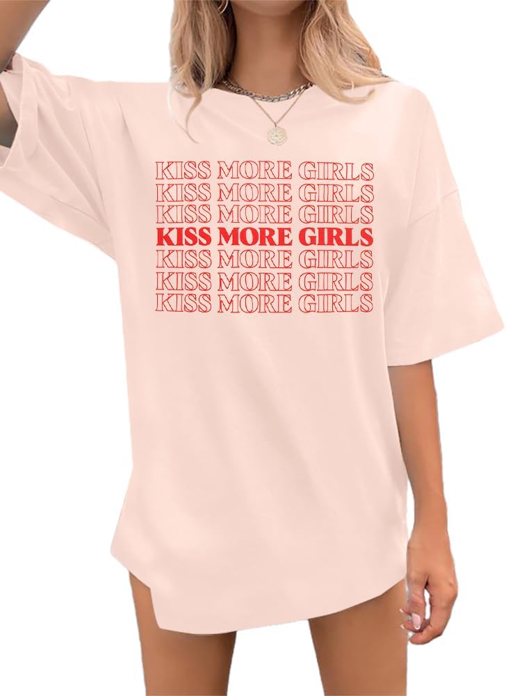 Lesbian Pride Shirt Women Kiss More Girls Shirts for Lesbian Romance LGBT Lovers Funny Letter Print Tee Tops