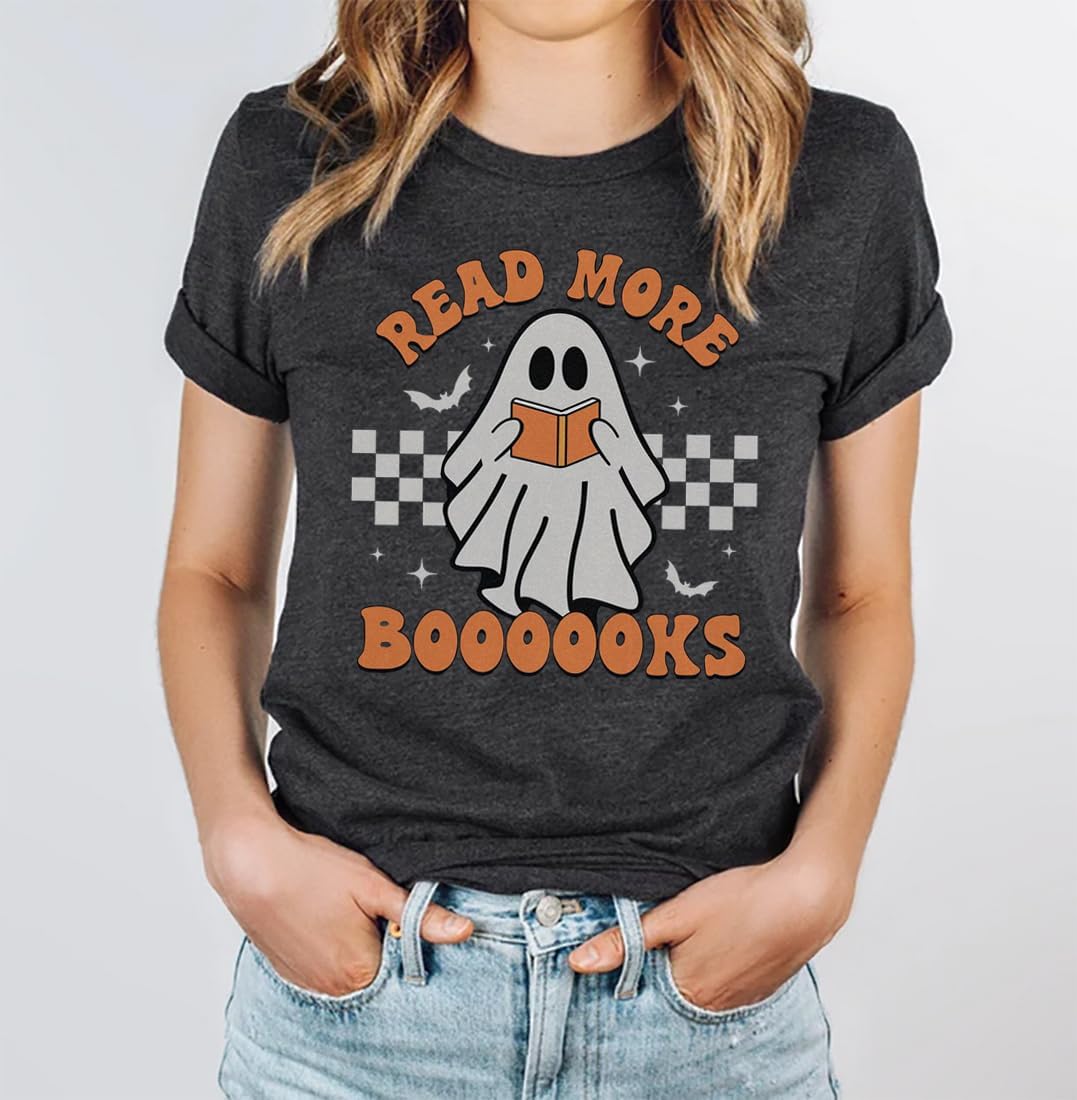 Teacher Halloween Shirt Women Read More Books T-Shirt Spooky Teacher Ghost Tees Short Sleeve Halloween Party Tops