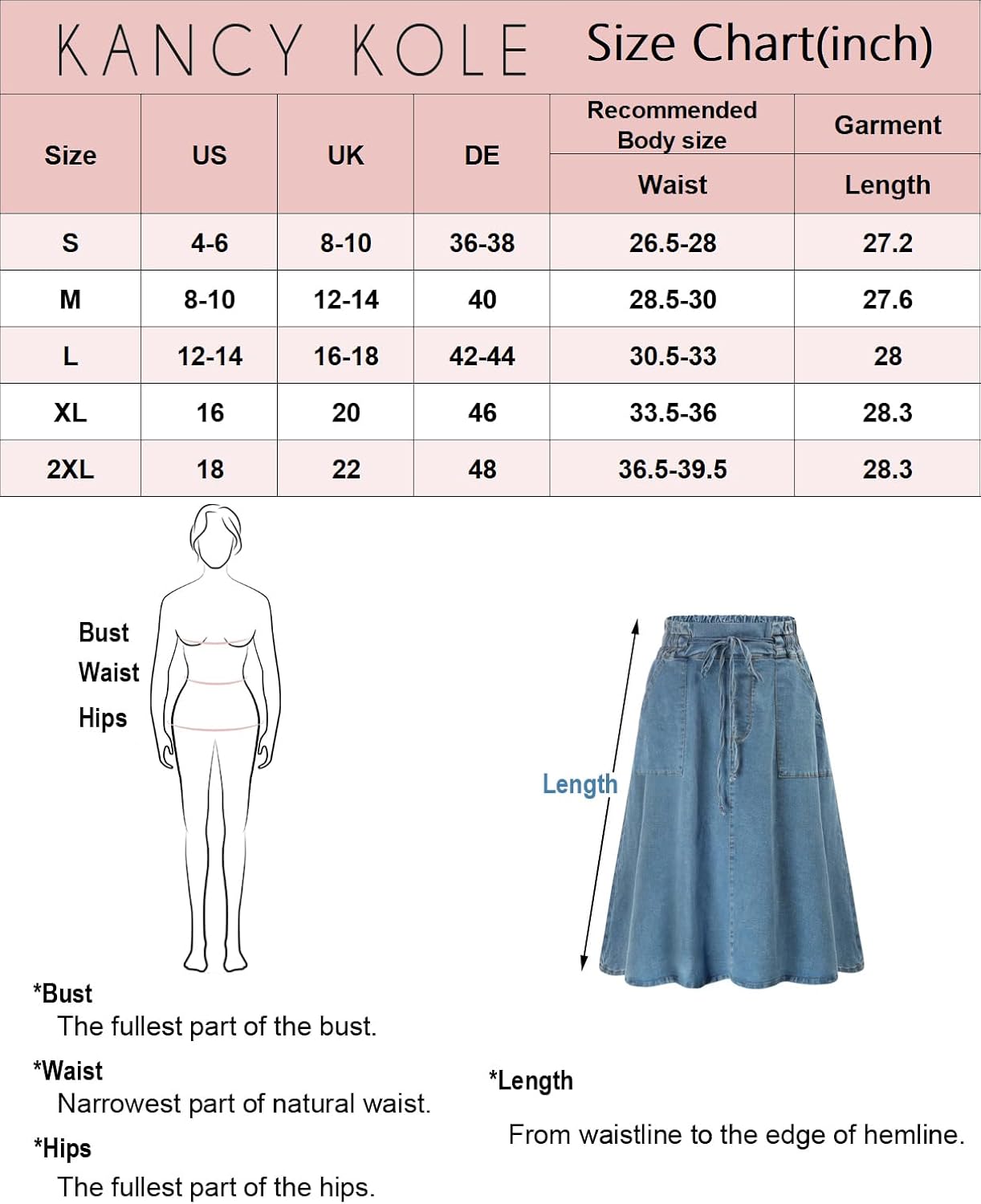 KANCY KOLE Women Casual Denim Skirts Frill Tie Waist A-Line Midi Jean Skirt with Pockets S-XXL