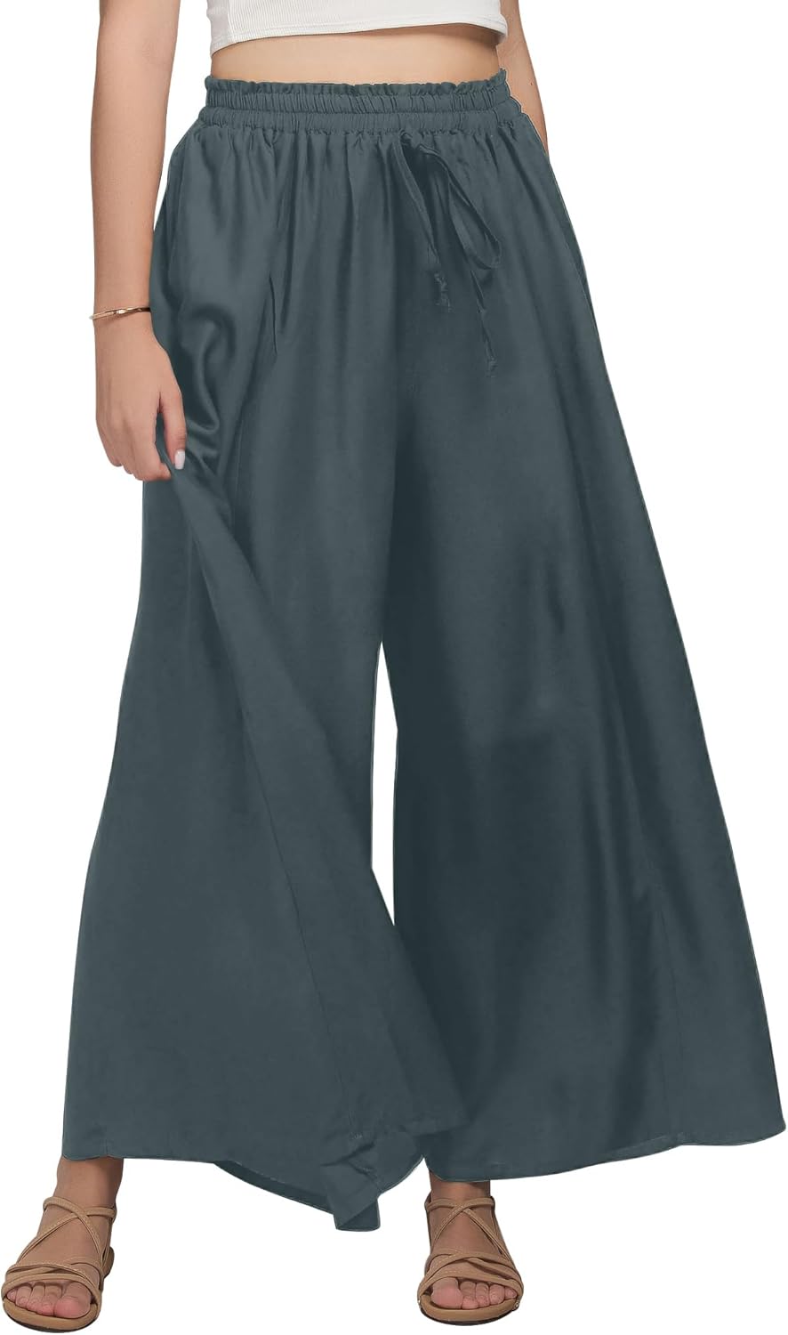 Joob Joob Wide Leg Pants for Women - High Waist Casual Women's Palazzo Pants - Flowy Elastic Waisted Trousers with Pockets