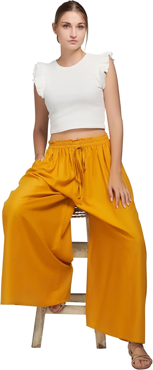 Joob Joob Wide Leg Pants for Women - High Waist Casual Women's Palazzo Pants - Flowy Elastic Waisted Trousers with Pockets