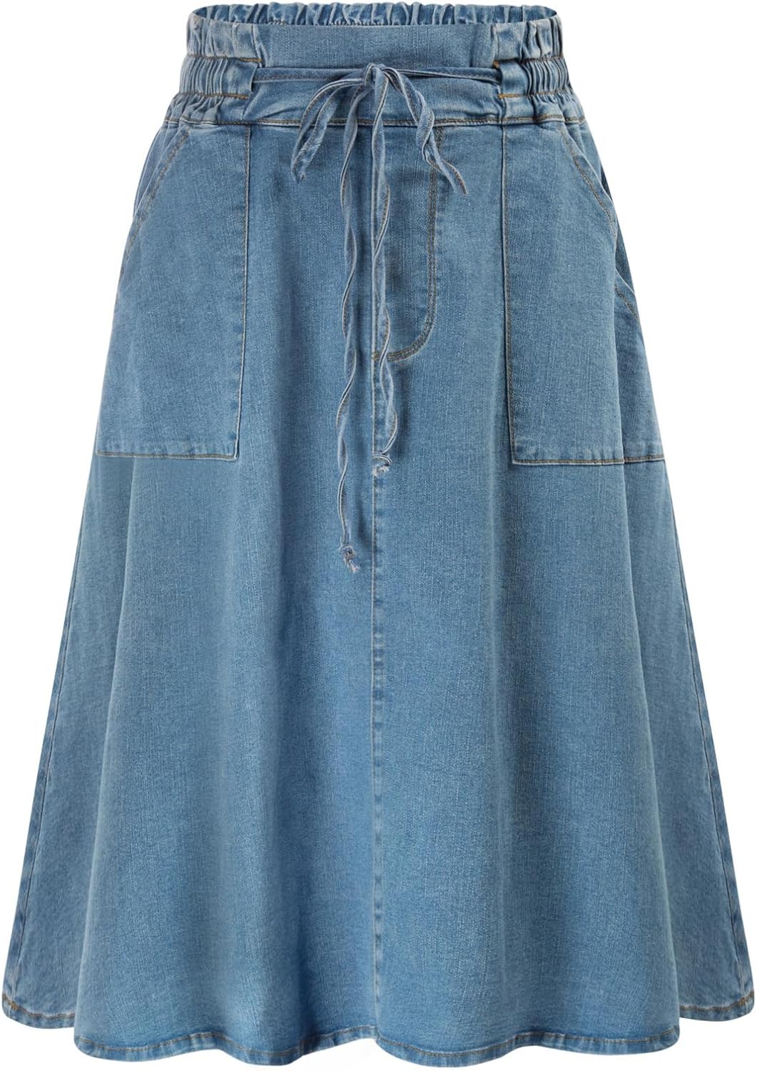 KANCY KOLE Women Casual Denim Skirts Frill Tie Waist A-Line Midi Jean Skirt with Pockets S-XXL