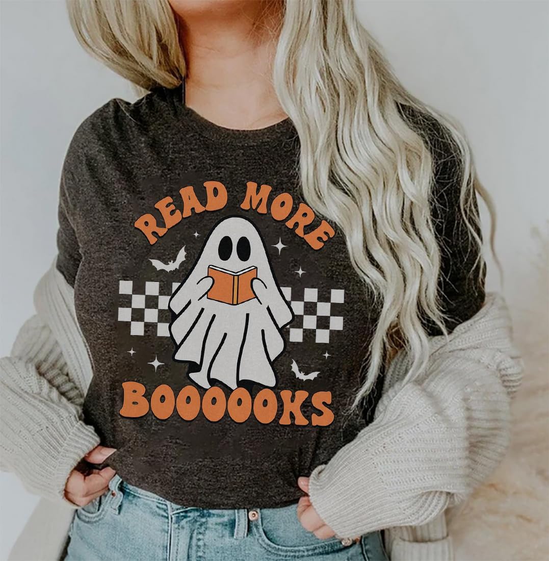 Teacher Halloween Shirt Women Read More Books T-Shirt Spooky Teacher Ghost Tees Short Sleeve Halloween Party Tops
