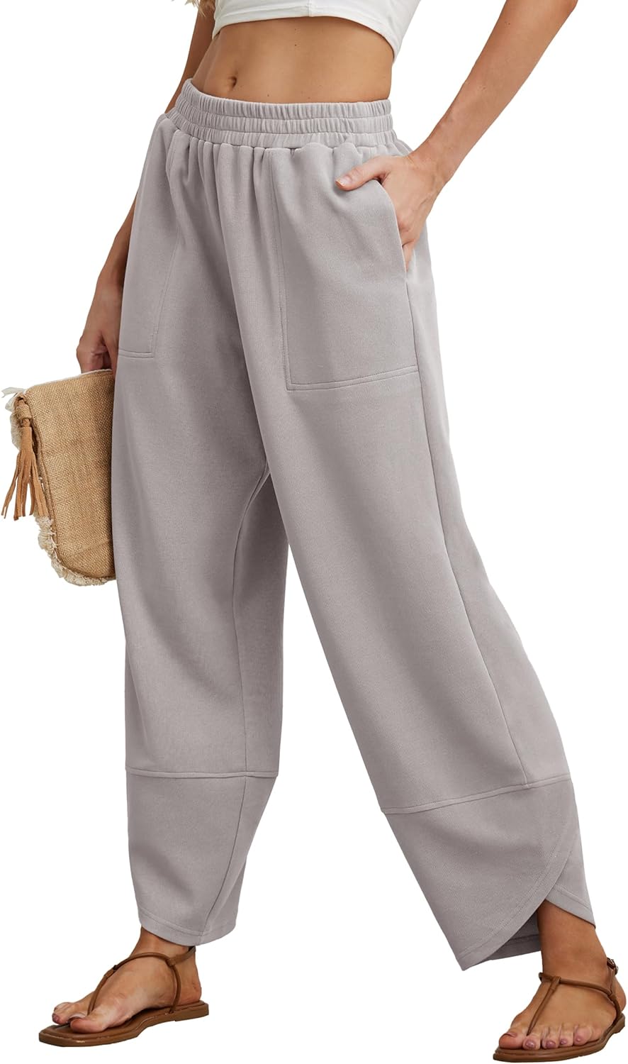 FREEOAK Womens Wide Leg Harem Pants Casual Loose Elastic Waist Solid Color Comfy Palazzo Lounge Baggy Sweatpants with Pockets