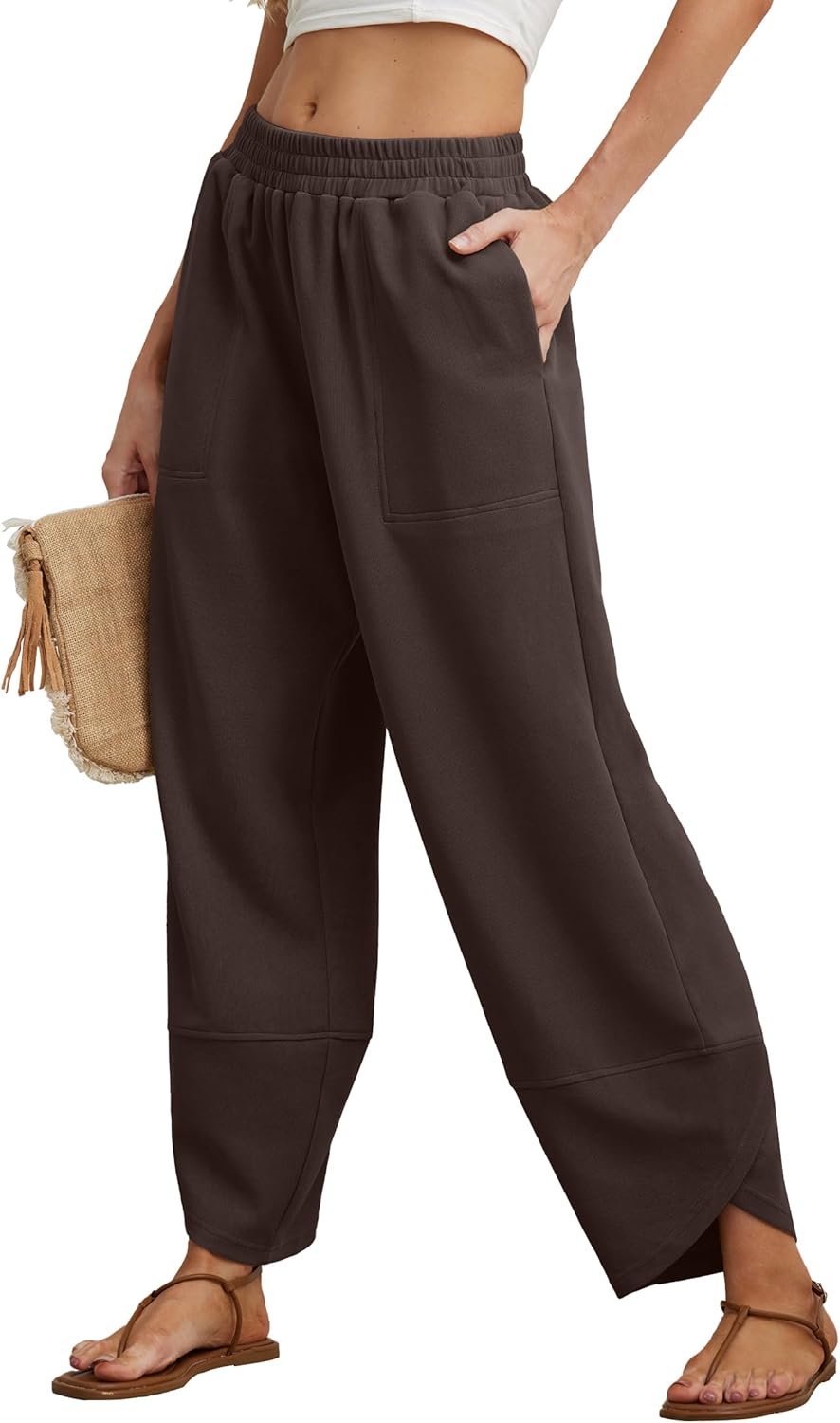 FREEOAK Womens Wide Leg Harem Pants Casual Loose Elastic Waist Solid Color Comfy Palazzo Lounge Baggy Sweatpants with Pockets