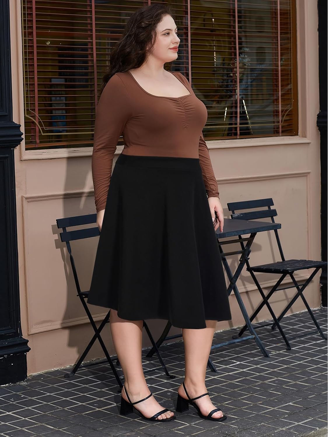 Moon Wood Women's Plus Size Midi Skirt High Elastic Waist A-Line Flared Skater Skirts with Pockets