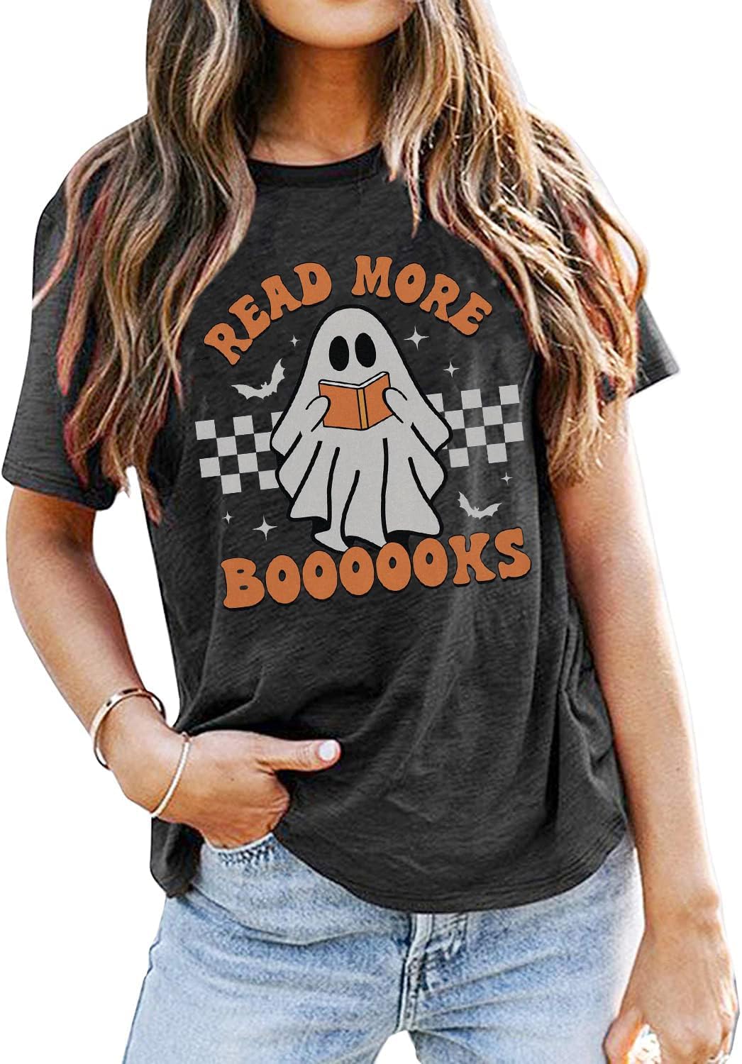 Teacher Halloween Shirt Women Read More Books T-Shirt Spooky Teacher Ghost Tees Short Sleeve Halloween Party Tops