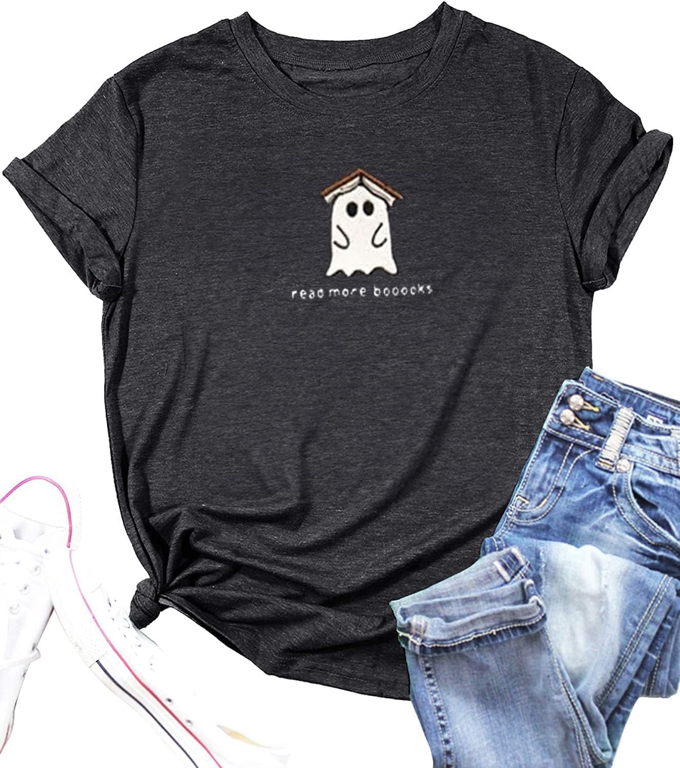 Halloween Teacher Shirts for Women Read More Books Ghost Shirt Spooky Bookish Halloween Shirts Short Sleeve Fall Tee Top
