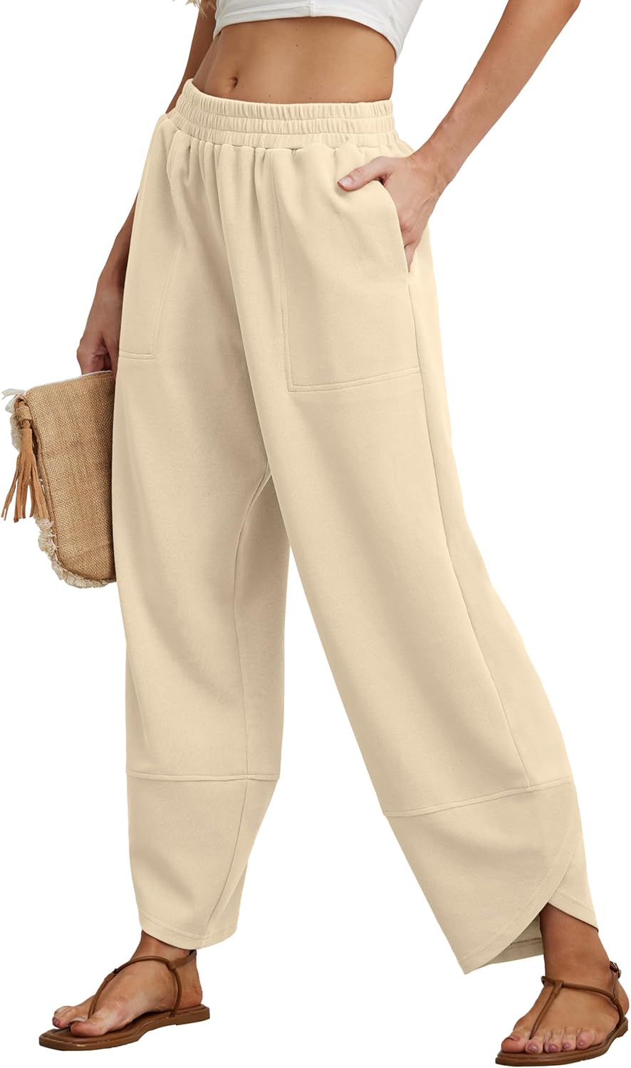 FREEOAK Womens Wide Leg Harem Pants Casual Loose Elastic Waist Solid Color Comfy Palazzo Lounge Baggy Sweatpants with Pockets