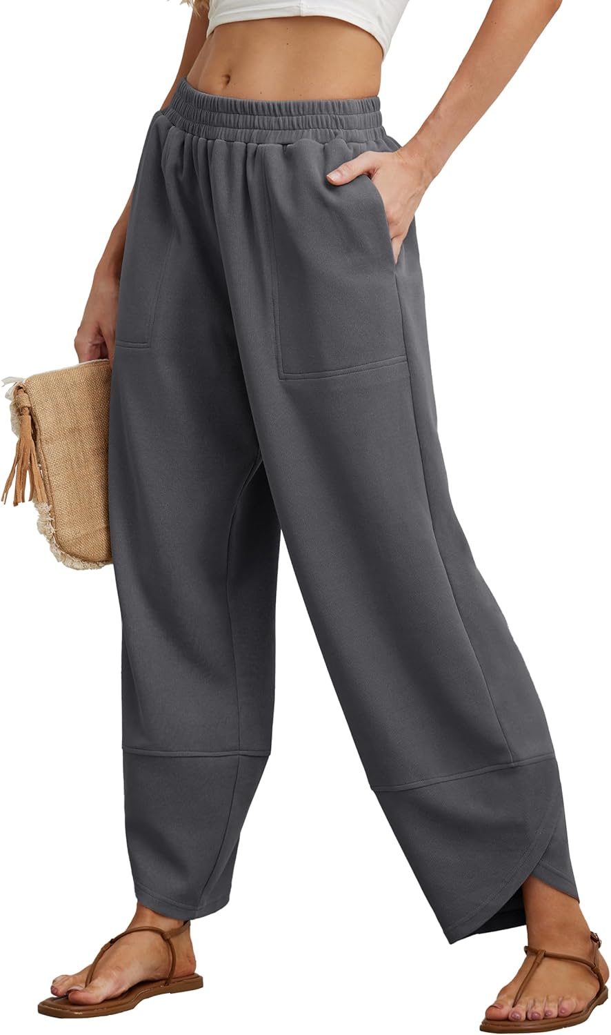 FREEOAK Womens Wide Leg Harem Pants Casual Loose Elastic Waist Solid Color Comfy Palazzo Lounge Baggy Sweatpants with Pockets
