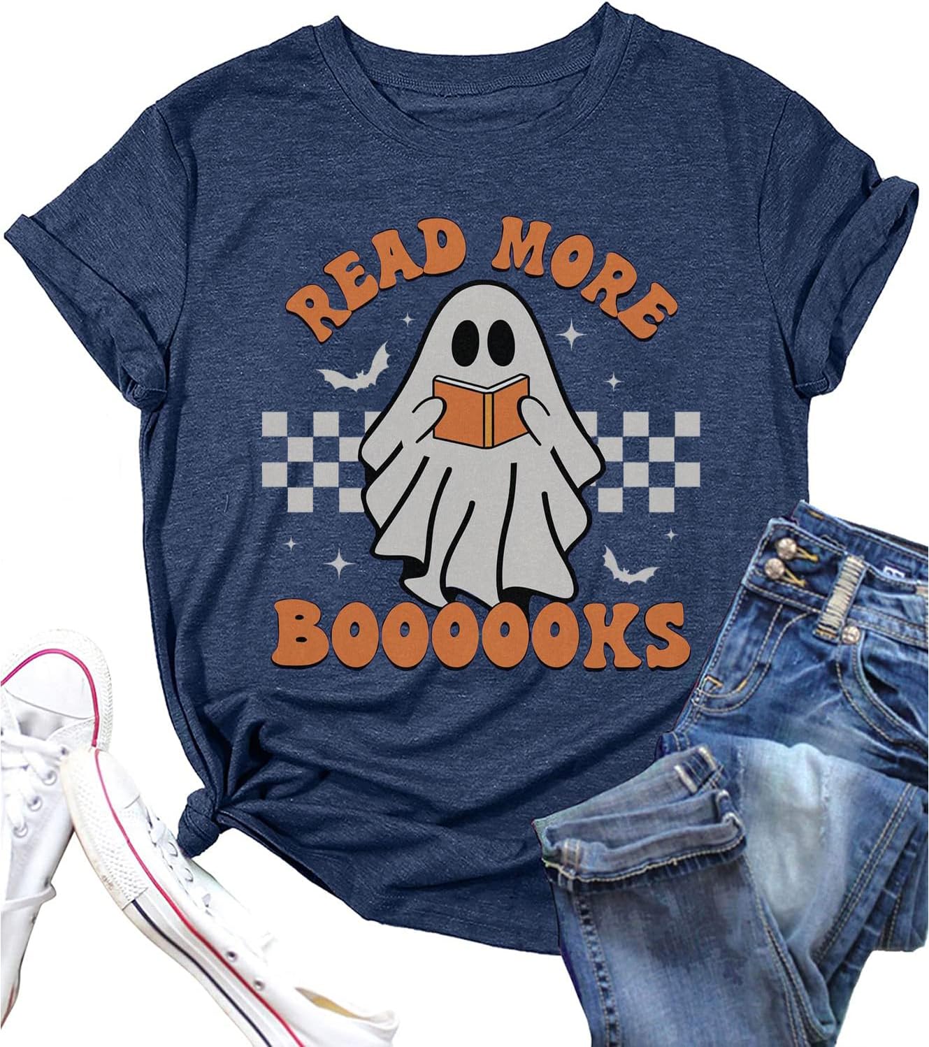 Teacher Halloween Shirt Women Read More Books T-Shirt Spooky Teacher Ghost Tees Short Sleeve Halloween Party Tops