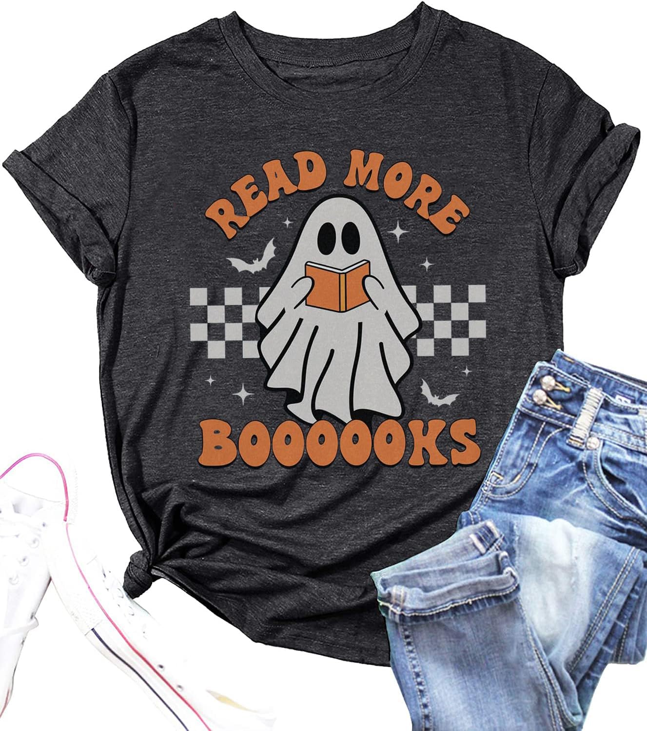 Teacher Halloween Shirt Women Read More Books T-Shirt Spooky Teacher Ghost Tees Short Sleeve Halloween Party Tops