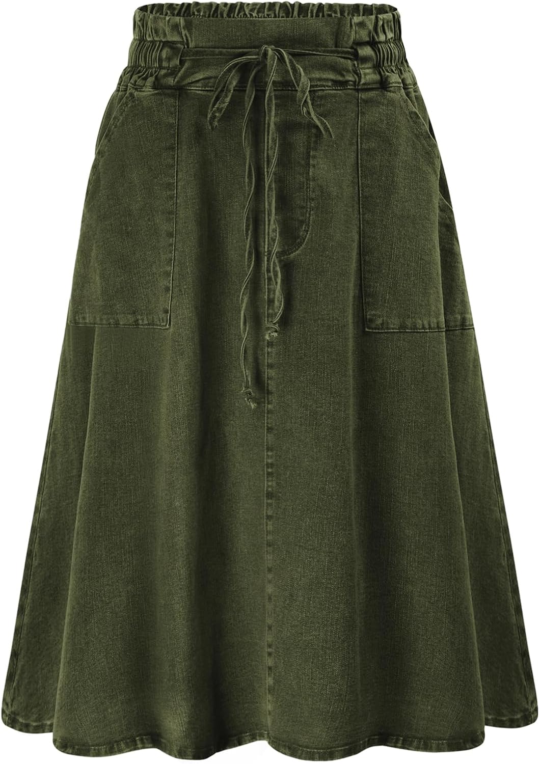 KANCY KOLE Women Casual Denim Skirts Frill Tie Waist A-Line Midi Jean Skirt with Pockets S-XXL
