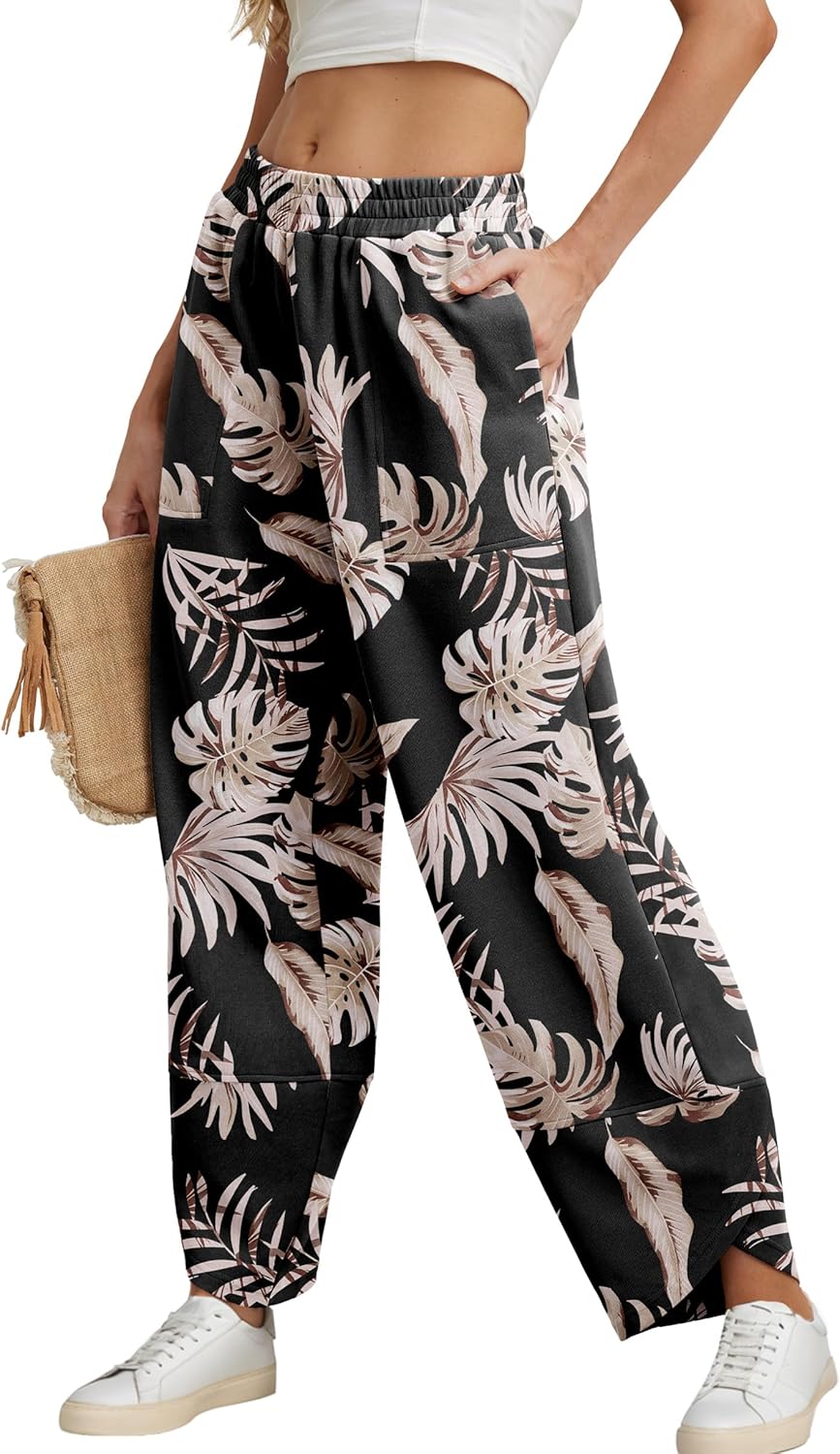 FREEOAK Womens Wide Leg Harem Pants Casual Loose Elastic Waist Solid Color Comfy Palazzo Lounge Baggy Sweatpants with Pockets