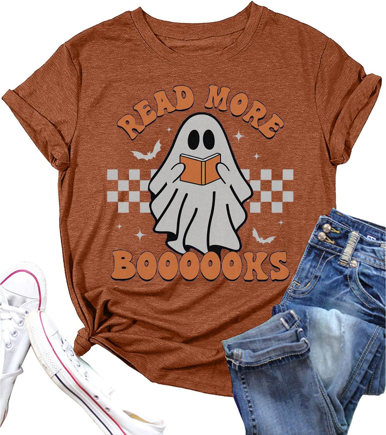 Teacher Halloween Shirt Women Read More Books T-Shirt Spooky Teacher Ghost Tees Short Sleeve Halloween Party Tops