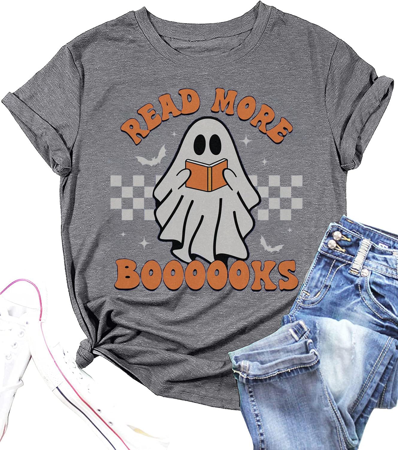 Teacher Halloween Shirt Women Read More Books T-Shirt Spooky Teacher Ghost Tees Short Sleeve Halloween Party Tops
