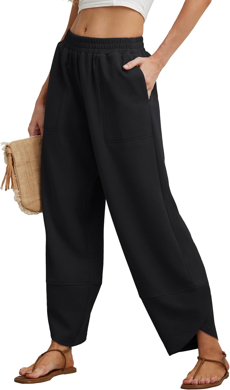 FREEOAK Womens Wide Leg Harem Pants Casual Loose Elastic Waist Solid Color Comfy Palazzo Lounge Baggy Sweatpants with Pockets
