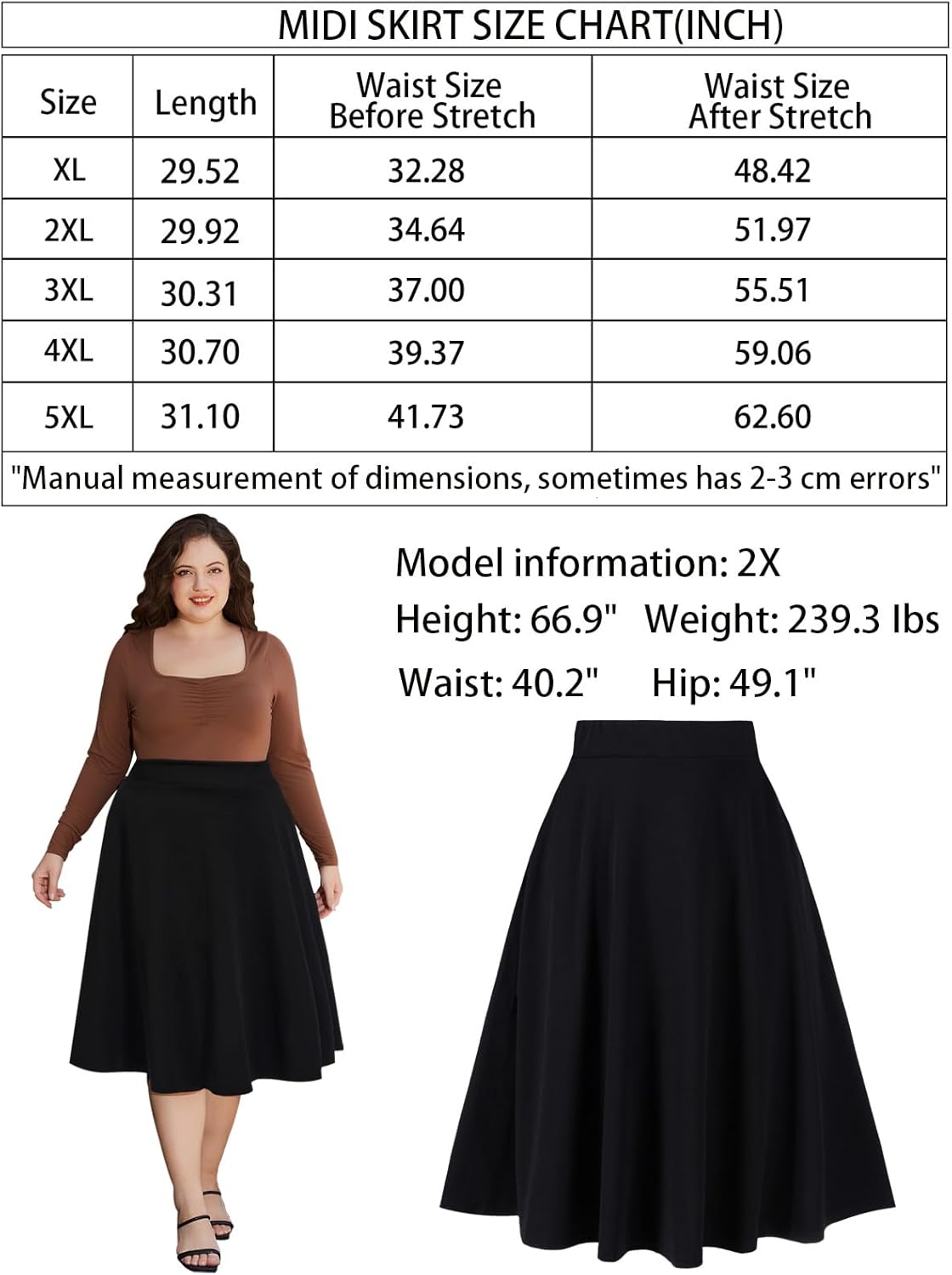 Moon Wood Women's Plus Size Midi Skirt High Elastic Waist A-Line Flared Skater Skirts with Pockets