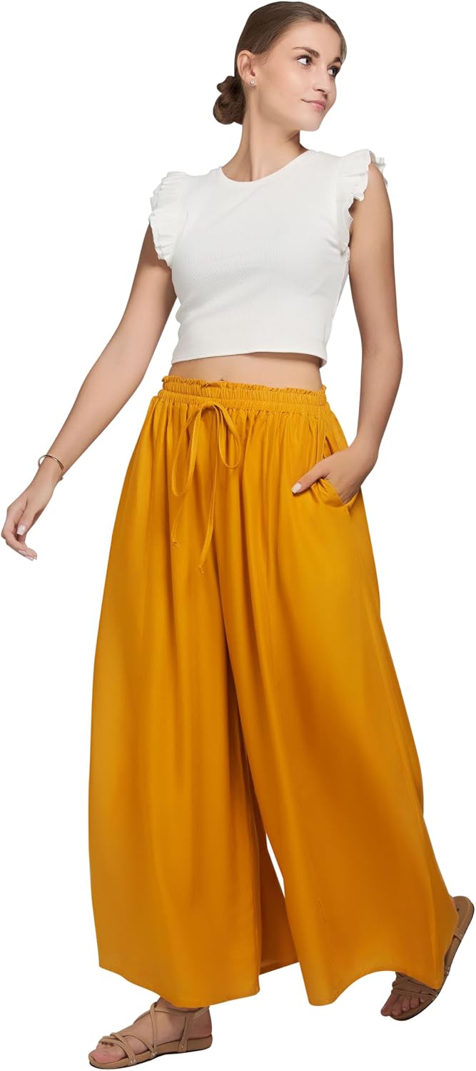 Joob Joob Wide Leg Pants for Women - High Waist Casual Women's Palazzo Pants - Flowy Elastic Waisted Trousers with Pockets
