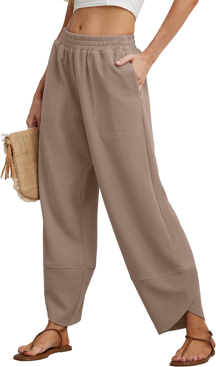 FREEOAK Womens Wide Leg Harem Pants Casual Loose Elastic Waist Solid Color Comfy Palazzo Lounge Baggy Sweatpants with Pockets