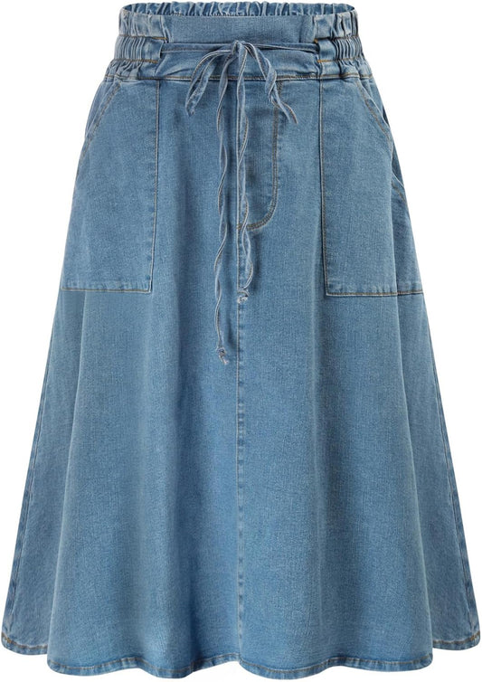 KANCY KOLE Women Casual Denim Skirts Frill Tie Waist A-Line Midi Jean Skirt with Pockets S-XXL