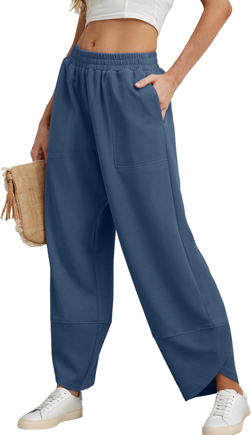 FREEOAK Womens Wide Leg Harem Pants Casual Loose Elastic Waist Solid Color Comfy Palazzo Lounge Baggy Sweatpants with Pockets