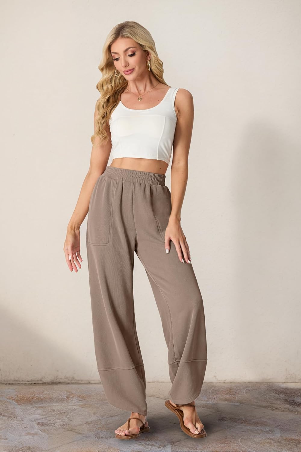 FREEOAK Womens Wide Leg Harem Pants Casual Loose Elastic Waist Solid Color Comfy Palazzo Lounge Baggy Sweatpants with Pockets