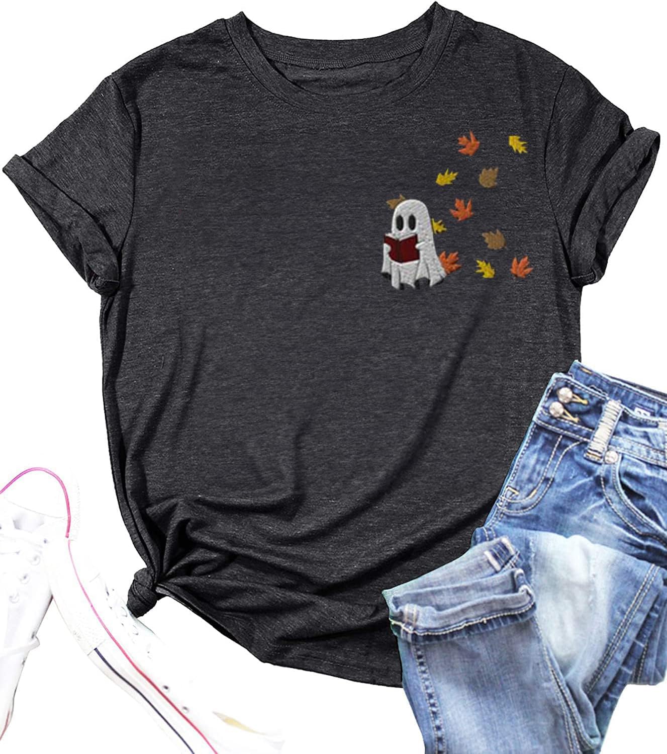 Halloween Teacher Shirts for Women Read More Books Ghost Shirt Spooky Bookish Halloween Shirts Short Sleeve Fall Tee Top