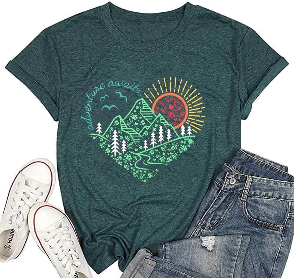 Adventure Awaits T-Shirt Women The Great Outdoors Shirt Wanderlust Explore More Tee Nature Hiking Camping Tee Shirts