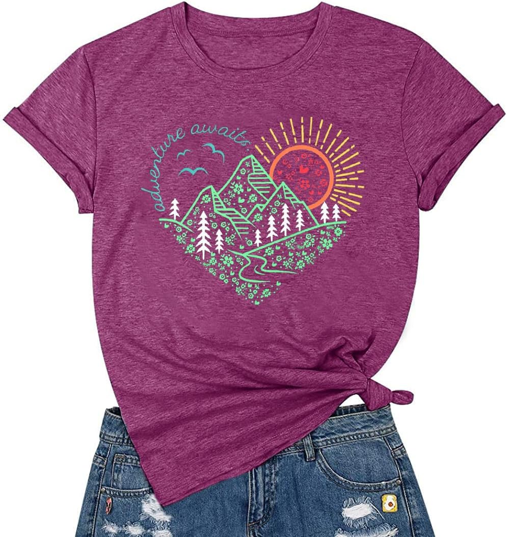 Adventure Awaits T-Shirt Women The Great Outdoors Shirt Wanderlust Explore More Tee Nature Hiking Camping Tee Shirts