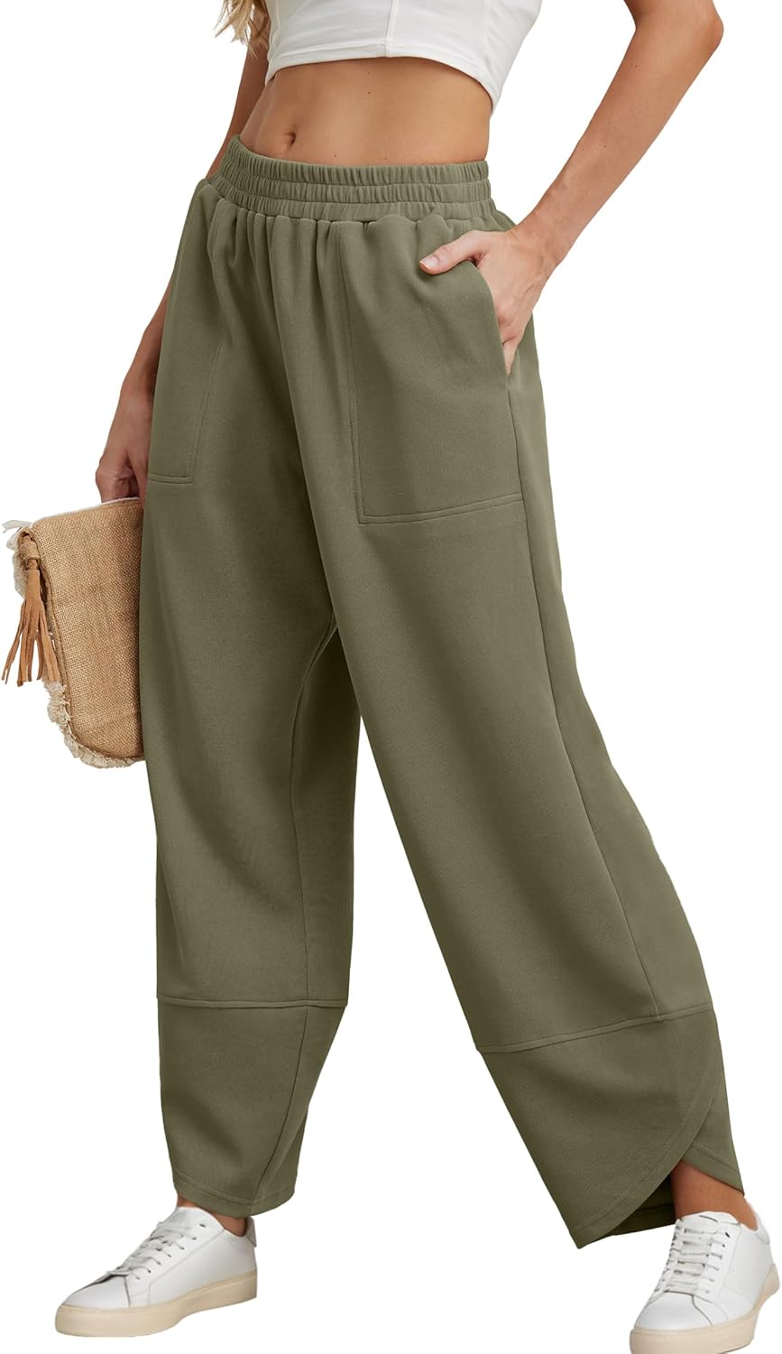 FREEOAK Womens Wide Leg Harem Pants Casual Loose Elastic Waist Solid Color Comfy Palazzo Lounge Baggy Sweatpants with Pockets