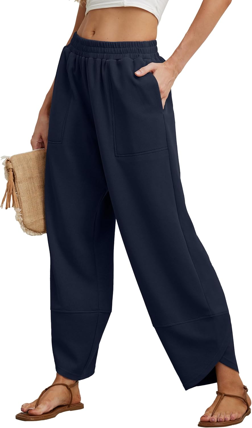 FREEOAK Womens Wide Leg Harem Pants Casual Loose Elastic Waist Solid Color Comfy Palazzo Lounge Baggy Sweatpants with Pockets