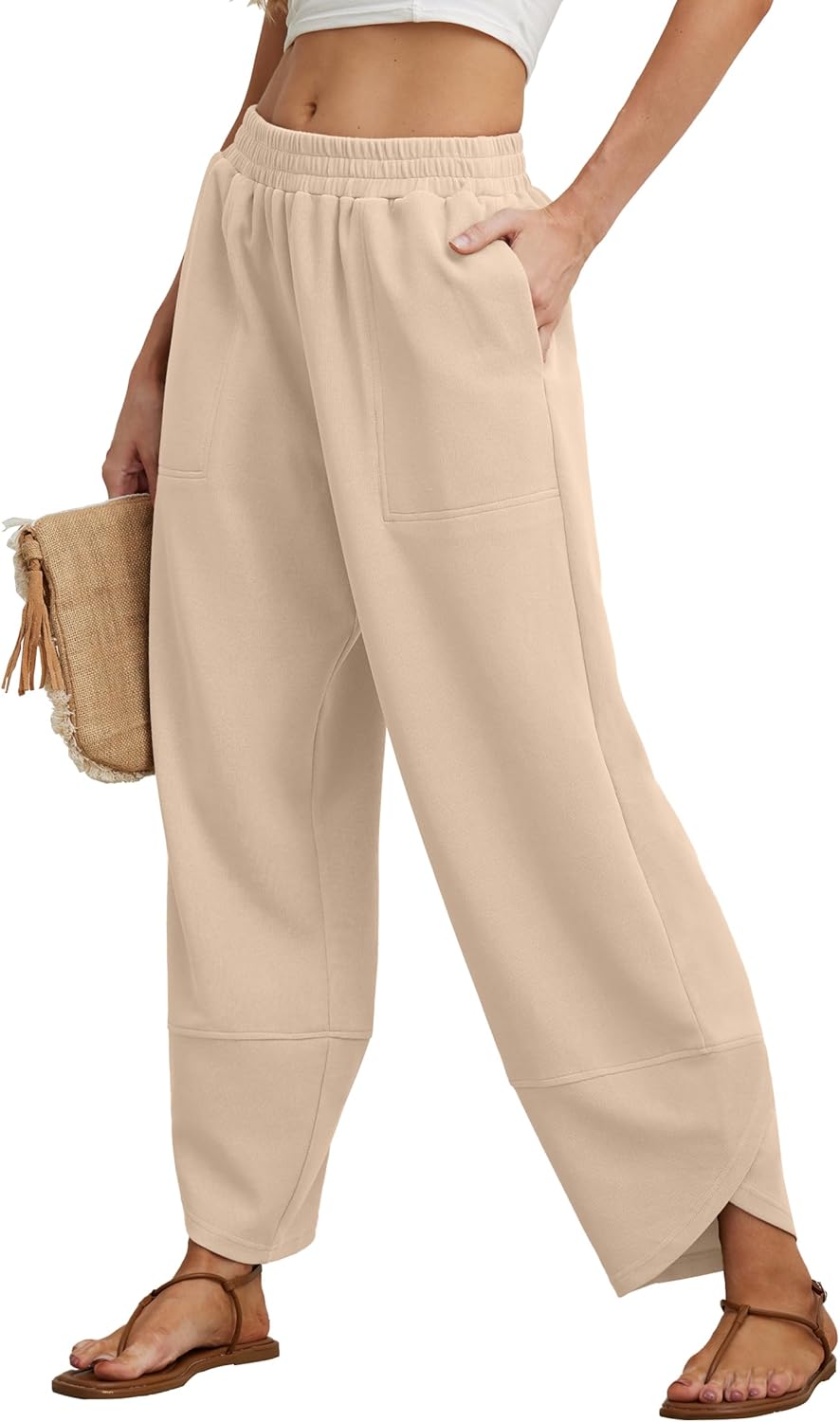 FREEOAK Womens Wide Leg Harem Pants Casual Loose Elastic Waist Solid Color Comfy Palazzo Lounge Baggy Sweatpants with Pockets
