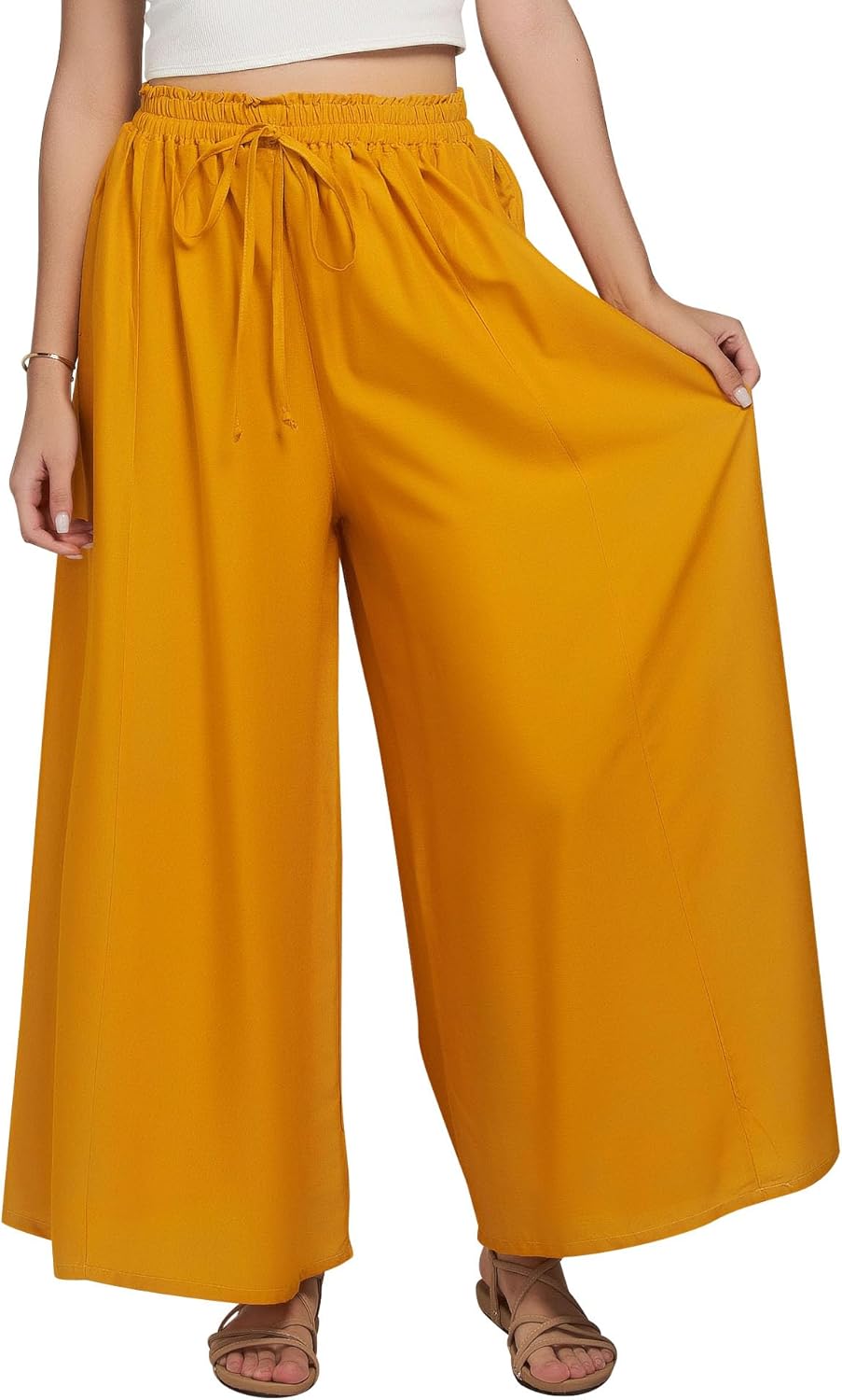 Joob Joob Wide Leg Pants for Women - High Waist Casual Women's Palazzo Pants - Flowy Elastic Waisted Trousers with Pockets