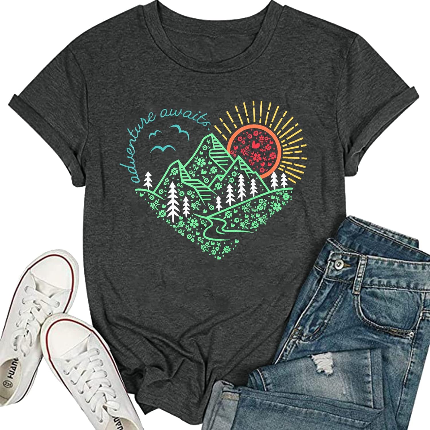 Adventure Awaits T-Shirt Women The Great Outdoors Shirt Wanderlust Explore More Tee Nature Hiking Camping Tee Shirts