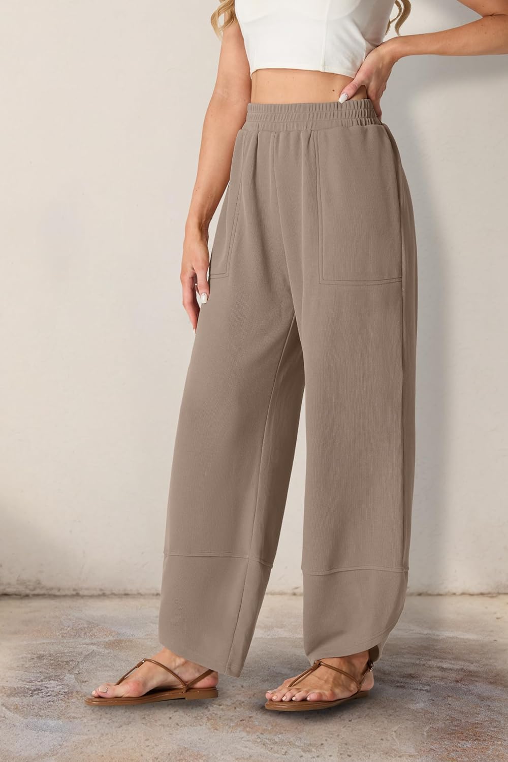 FREEOAK Womens Wide Leg Harem Pants Casual Loose Elastic Waist Solid Color Comfy Palazzo Lounge Baggy Sweatpants with Pockets