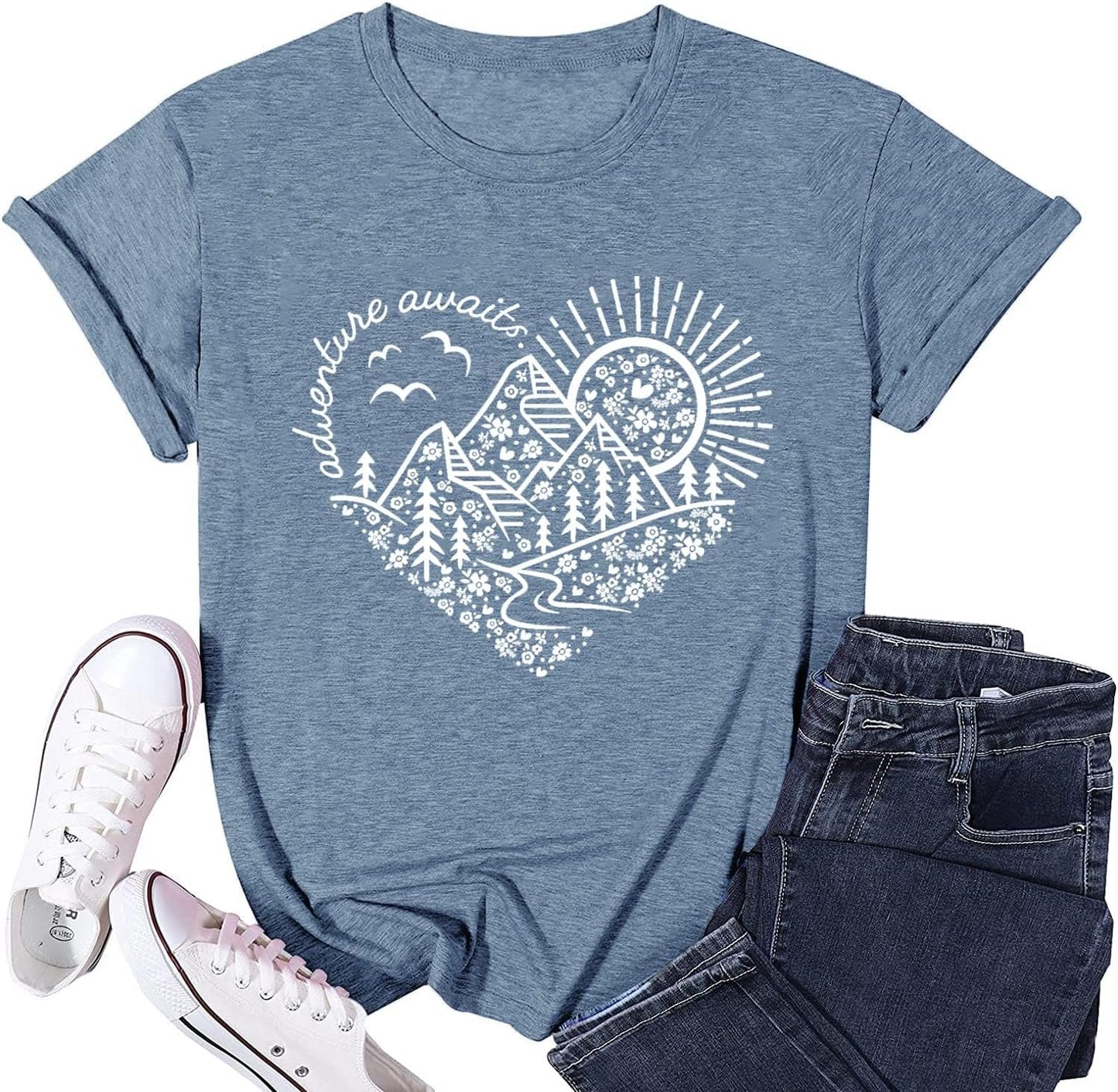 Adventure Awaits T-Shirt Women The Great Outdoors Shirt Wanderlust Explore More Tee Nature Hiking Camping Tee Shirts