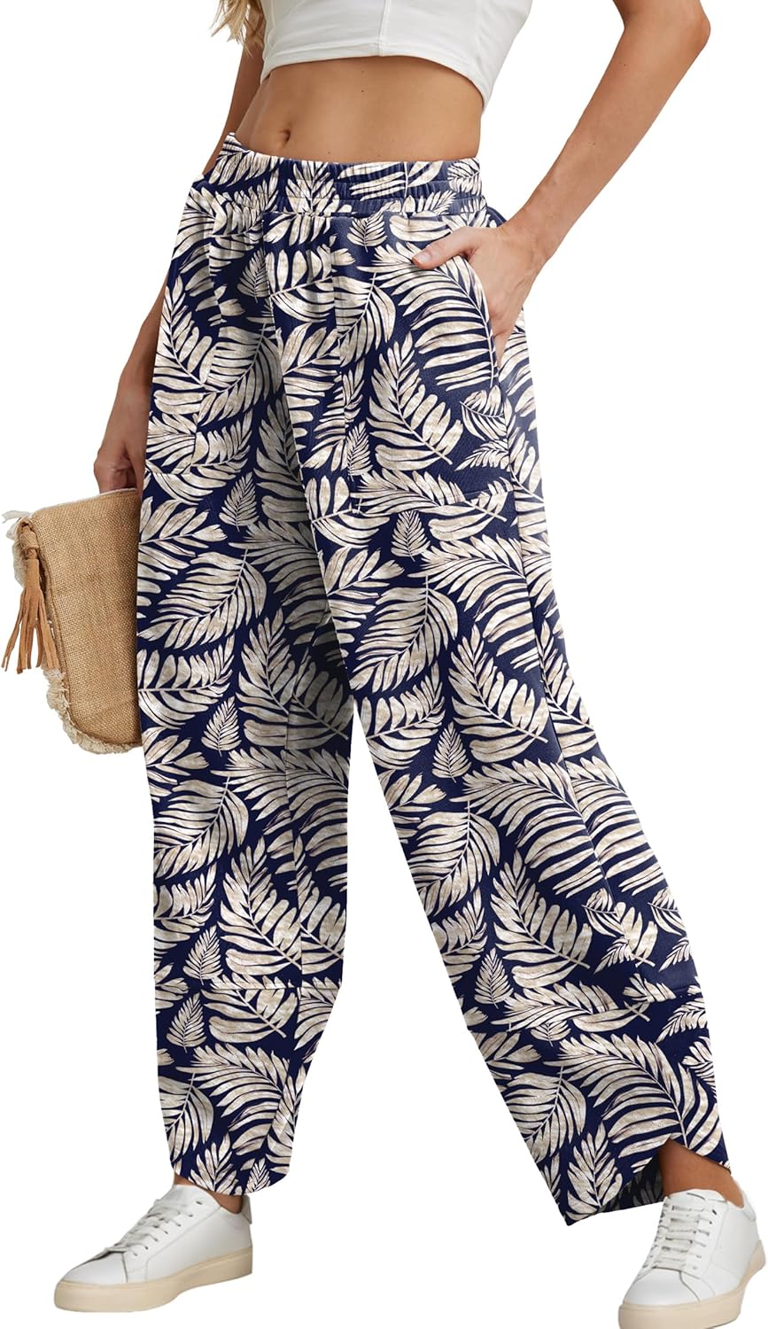 FREEOAK Womens Wide Leg Harem Pants Casual Loose Elastic Waist Solid Color Comfy Palazzo Lounge Baggy Sweatpants with Pockets
