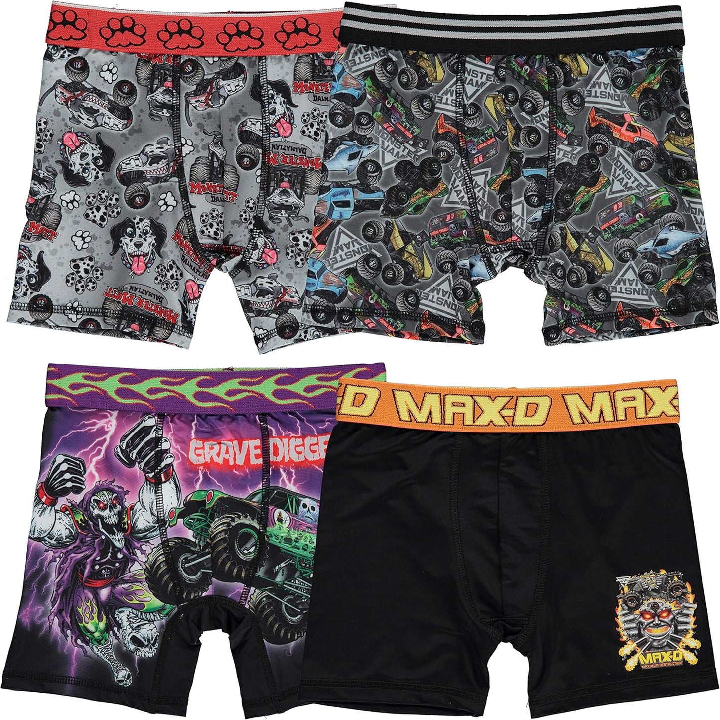 Monster Jam Boys' Exclusive 7-pk Athletic Boxer Briefs with Grave Digger, El Toro Loco & More, 2